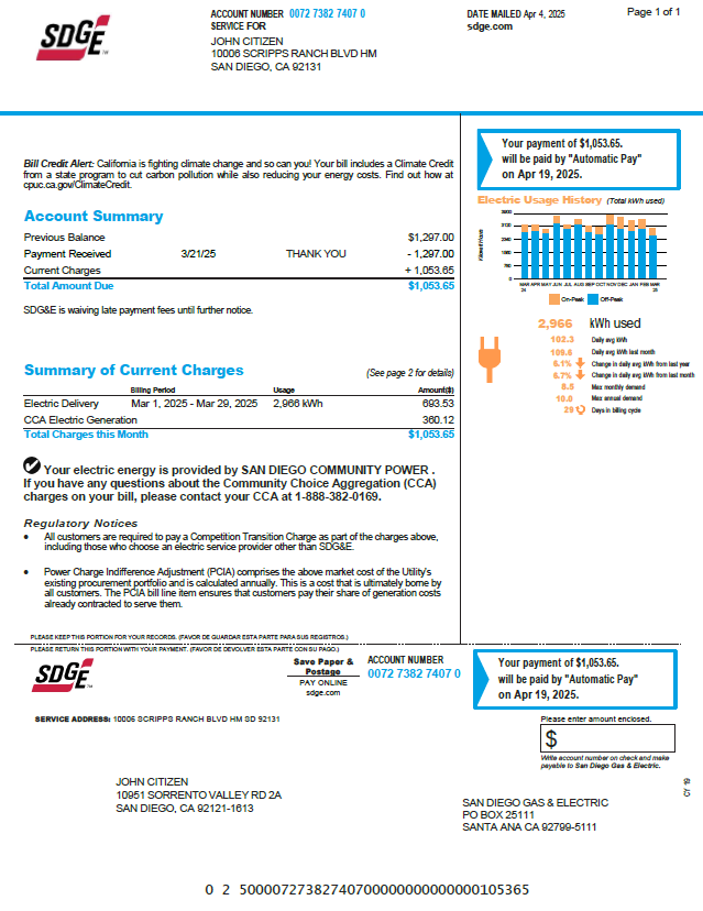 USA SDGE utility bill template in Word and PDF formats, version 2